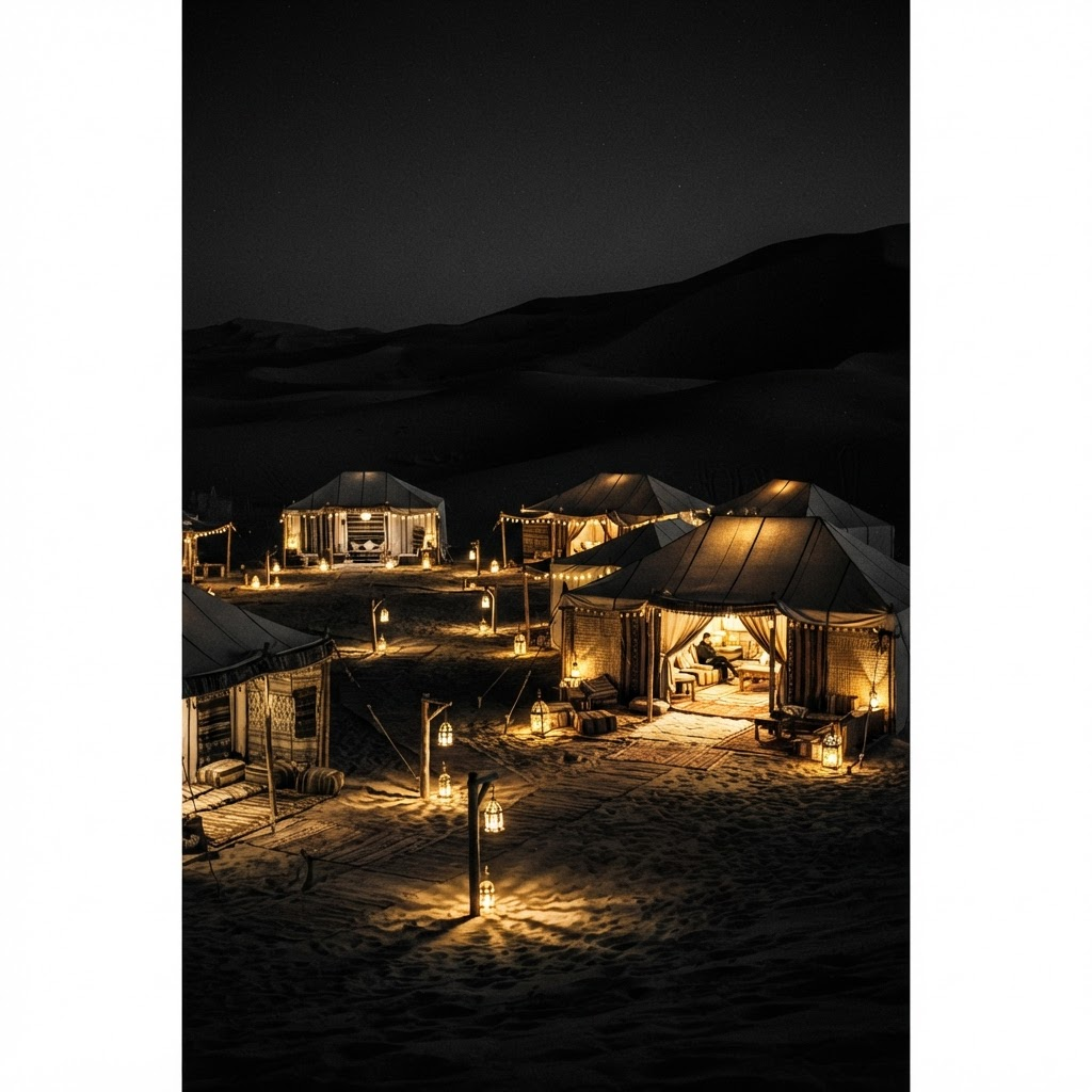 A luxury desert camp glowing with golden lanterns at night