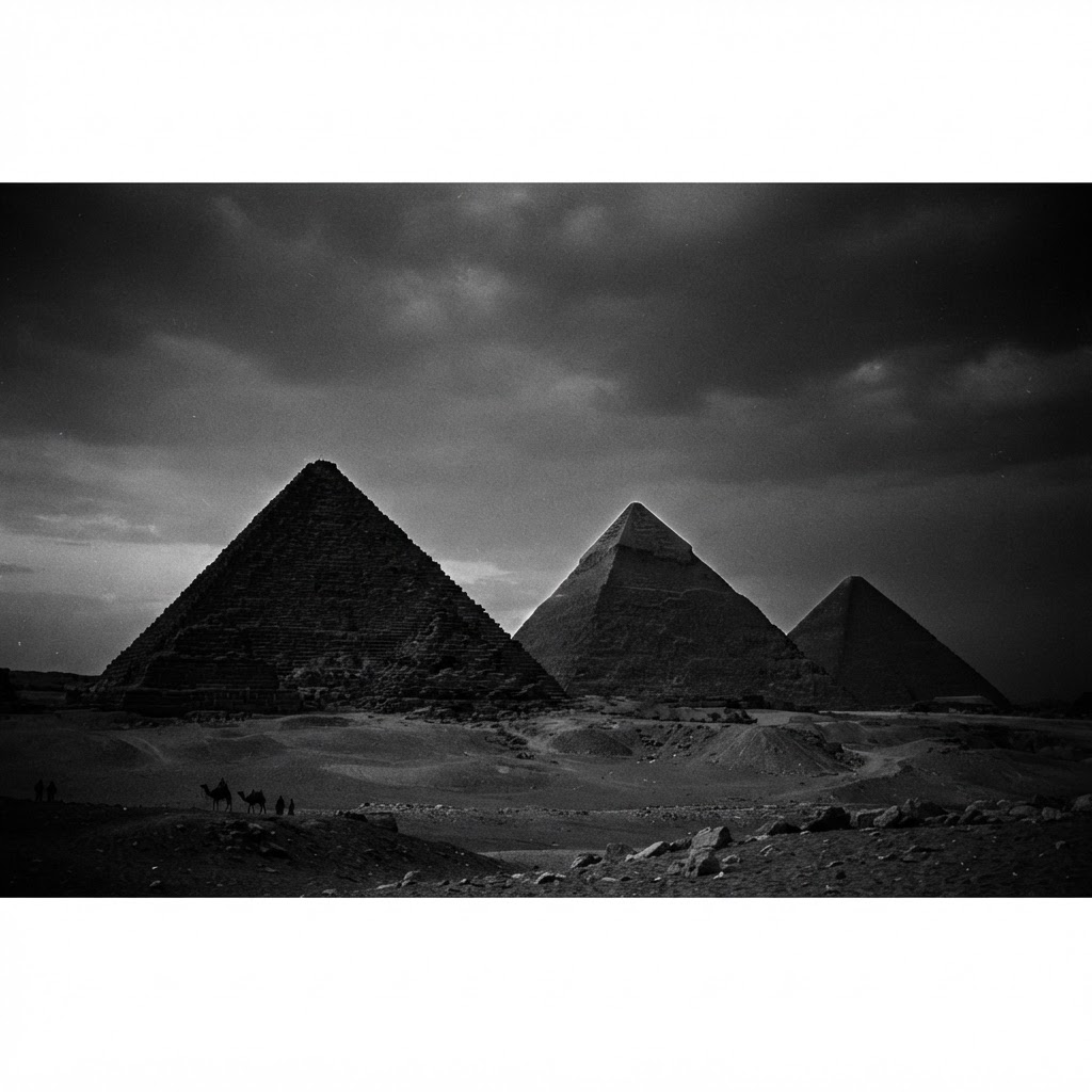 The Great Pyramids of Giza at dusk, in dramatic monochrome